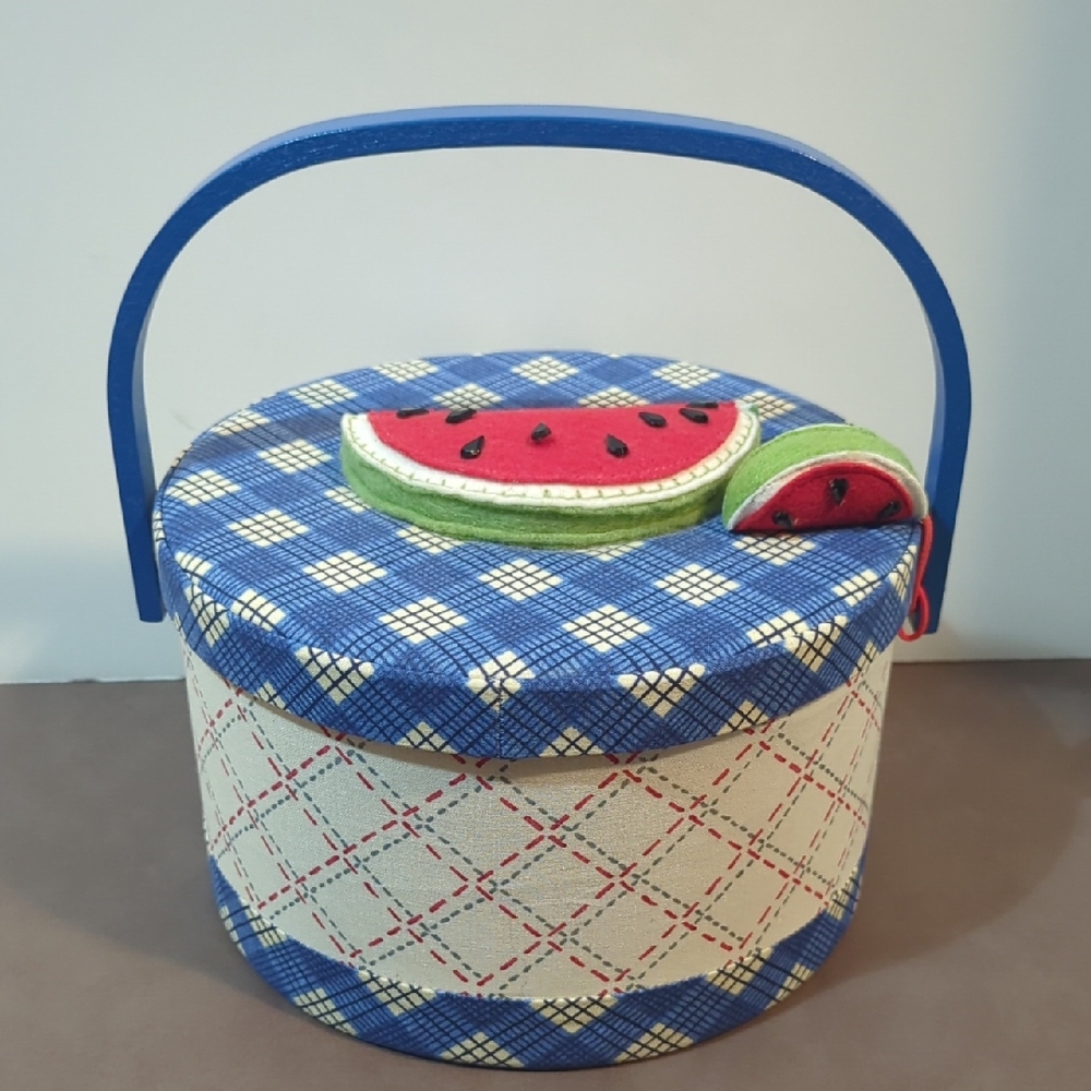 Vintage Round Sewing Box Watermelon Clear Divider Section with Handle